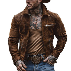 Men's Solid Suede Zippered Chest Pocket Lapel Jacket