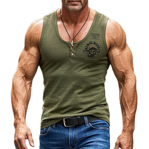 Herren-Tanktop mit V-Ausschnitt und Print in Armeegrün und schmaler Passform