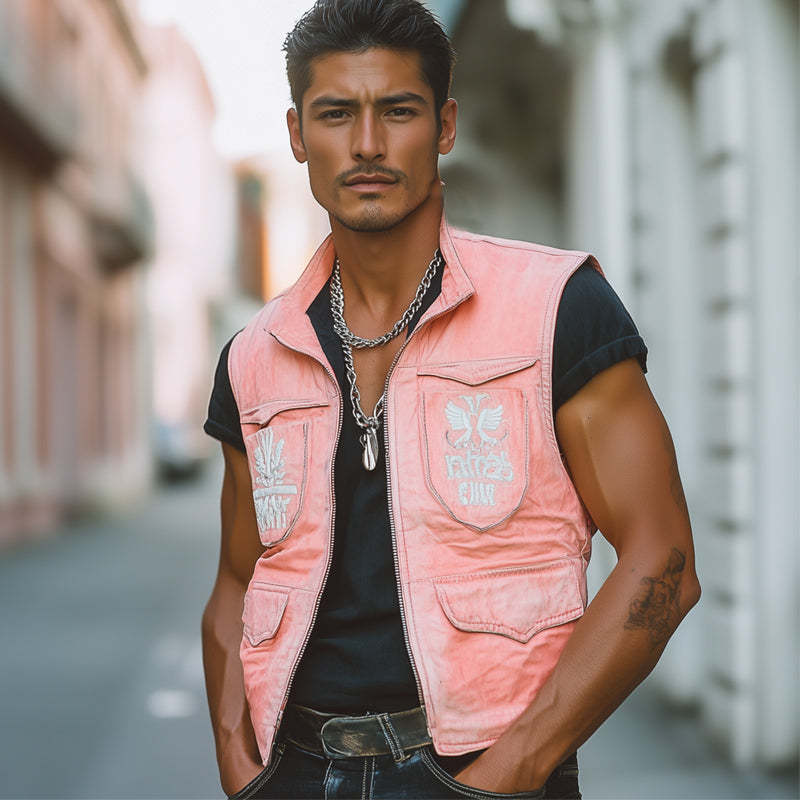 Men's Fresh Pink Faded Denim Embroidered Vest