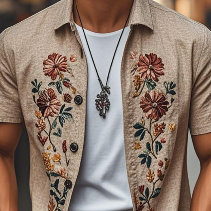 Men's Casual Linen Embroidered Lapel Single Breasted Short Sleeve Shirt