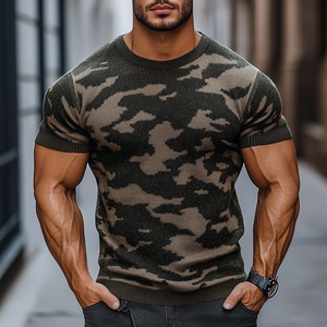 Herren Outdoor Camouflage Jacquard Rundhals Slim Fit Gestricktes Kurzarm-Pullover-T-Shirt