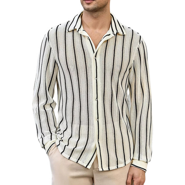 Men's Casual Breathable Vertical Striped Knitted Long-sleeved Shirt