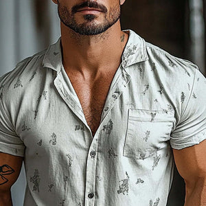 Men's Printed Lapel Pocket Short Sleeve Shirt