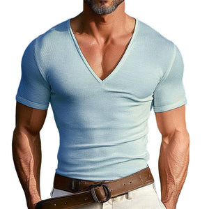Camiseta informal de manga corta con cuello en V y punto de color liso para hombre