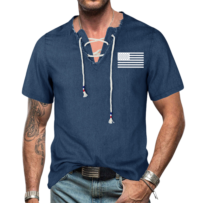 UAS FLAG  V-NECK LACE UP TASSEL DENIM HENRY T-SHIRT TOP