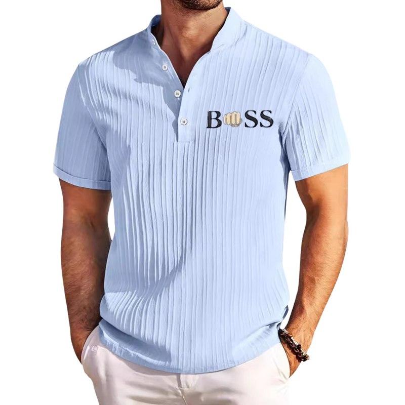 MEN'S  BOSS COTTON  LINEN STRIPED HENRY SHIRT