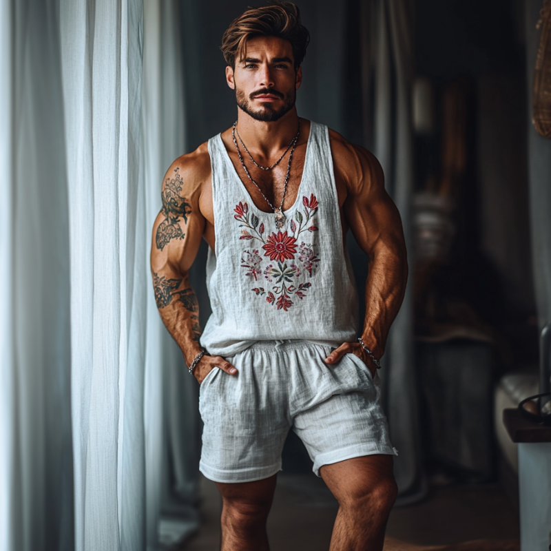 Herren Casual Leinen Blumenstickerei U-Ausschnitt Lockeres Tanktop Shorts Set