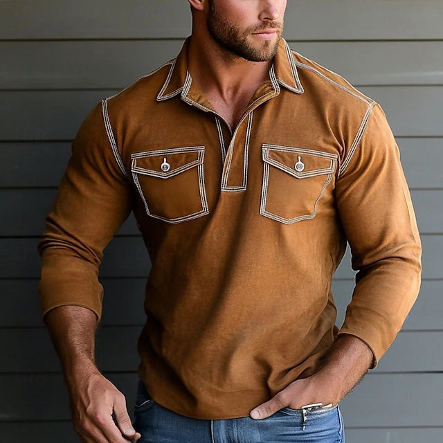 Men's Vintage Outdoor Pocket Polo Long Sleeve T-shirt