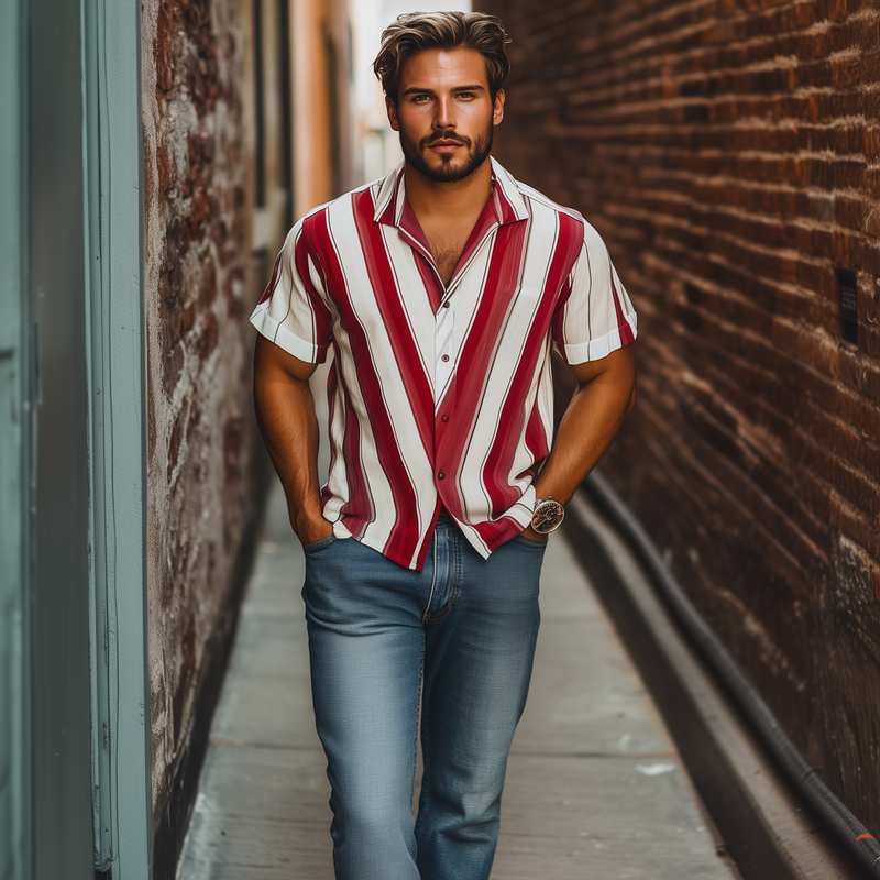 Men's Fashion Casual Striped Contrast Chiffon Short Sleeve Shirt