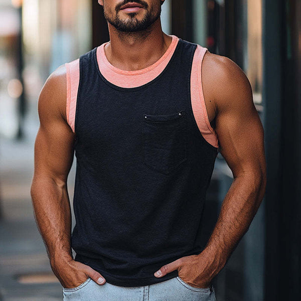 Camiseta sin mangas de algodón agradable para la piel con costuras de color en contraste para hombre