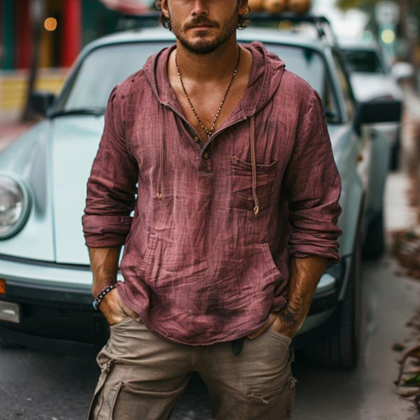 Sudadera con capucha vintage de algodón y lino con bolsillo en el pecho para hombre