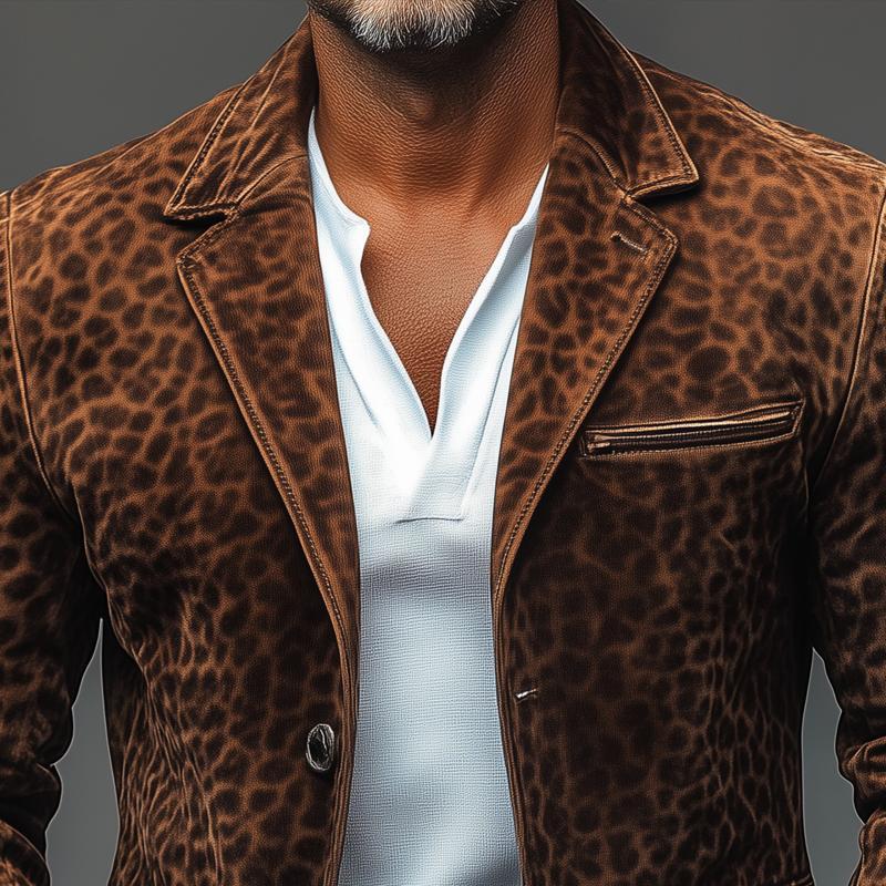 Blazer vintage de ante con estampado de leopardo, solapa con muesca, multibolsillos y botonadura sencilla para hombre