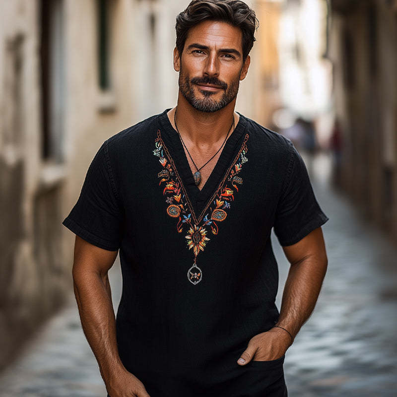 Men's Casual V-neck Cotton And Linen Embroidered T-shirt