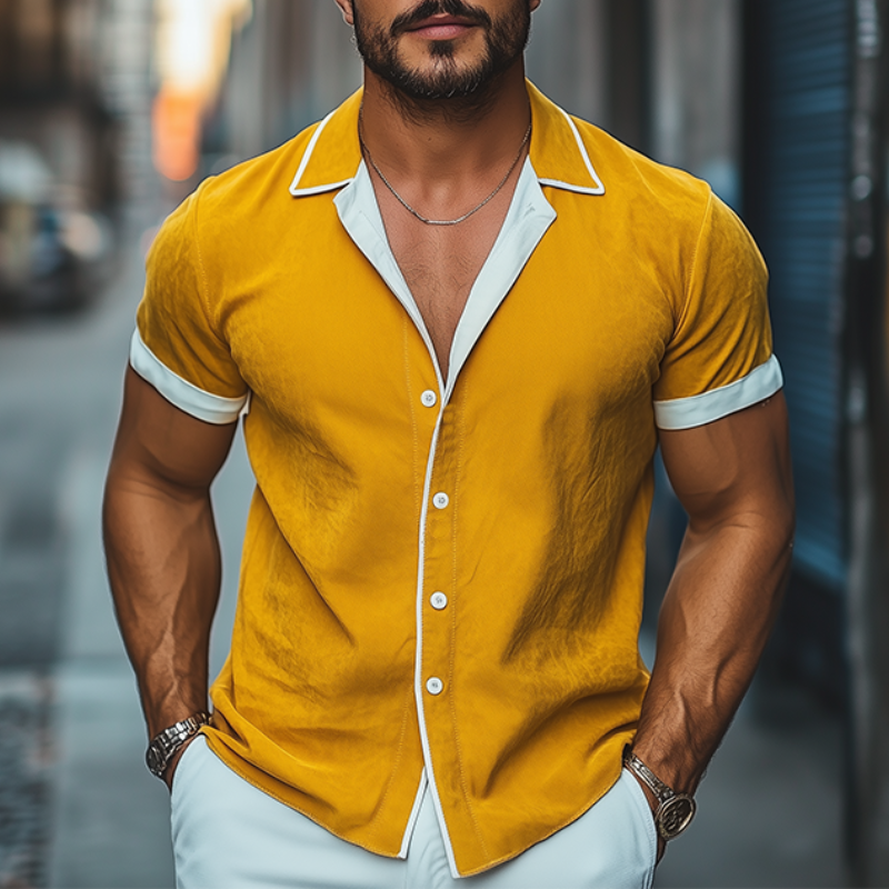 Men's Spring And Summer Fashion Slim Contrast Color Lapel Tencel Cotton Short Sleeve Shirt