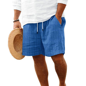 Pantalones cortos de playa a rayas de algodón y lino con cordón para hombre