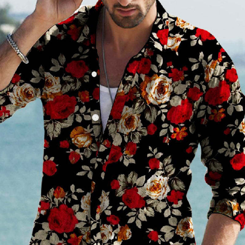 Men's Vintage Floral Print Lapel Long Sleeve Shirt
