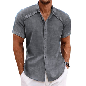 Camisa de manga corta con solapa de color liso de algodón y lino para hombre