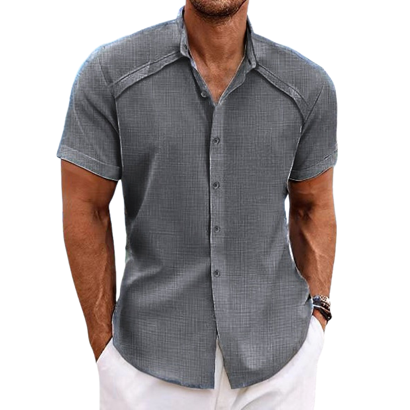 Men's Cotton And Linen Solid Color Lapel Short-Sleeved Shirt