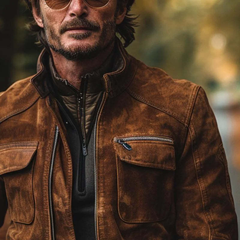 Men's Vintage Suede Stand Collar Zip-Up Jacket