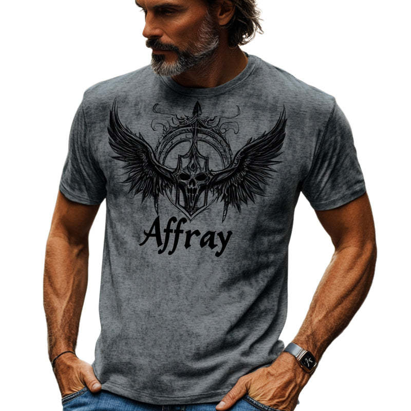 Dunkelgraues, Vintage-bedrucktes Rundhals-Freizeit-T-Shirt für Herren