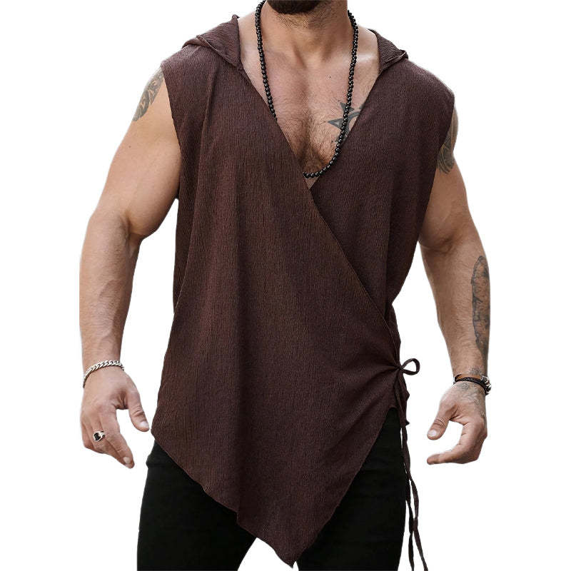 Men's Brown Textured Cross Tie Hooded Tank Top