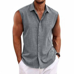 Men's Solid Color Lapel Cotton And Linen Sleeveless Shirt