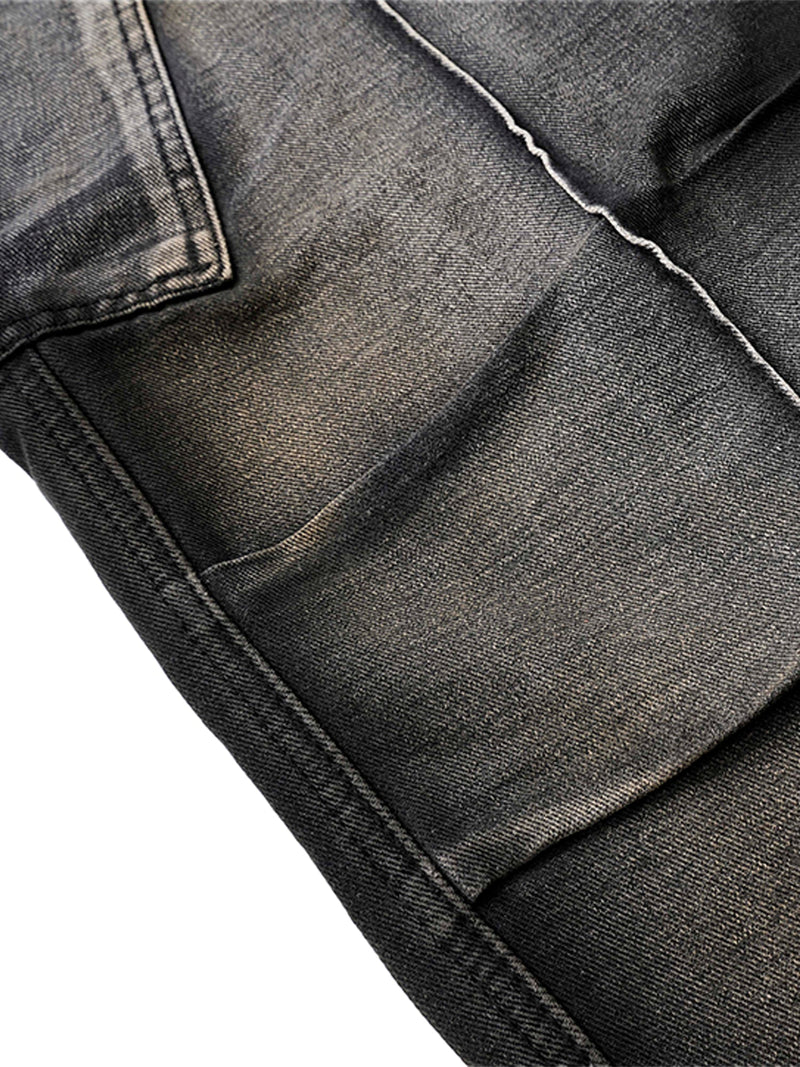 Washed Distressed Pleated Cargo Jeans