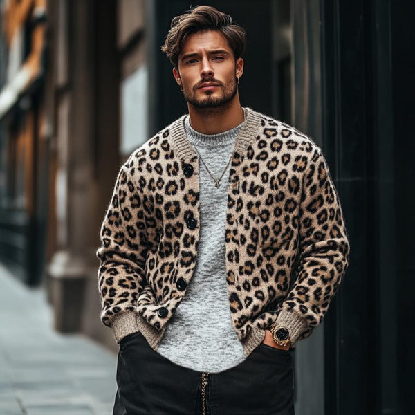 Herren-Cardigan im Vintage-Stil mit Leopardenmuster und Jacquard-Farbblockmuster, einreihig