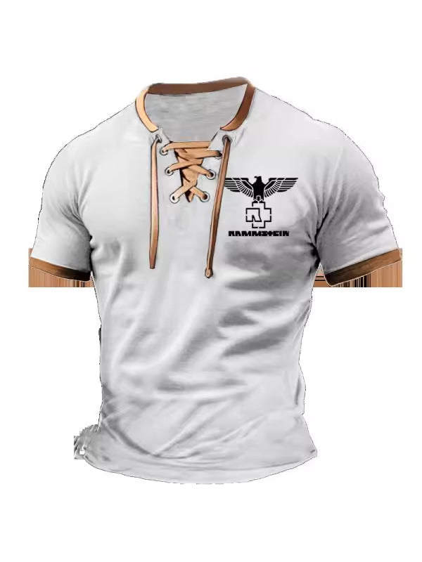 ROCK BAND PRINT RETRO LACE UP SHORT SLEEVE COLORED CASUAL POLO