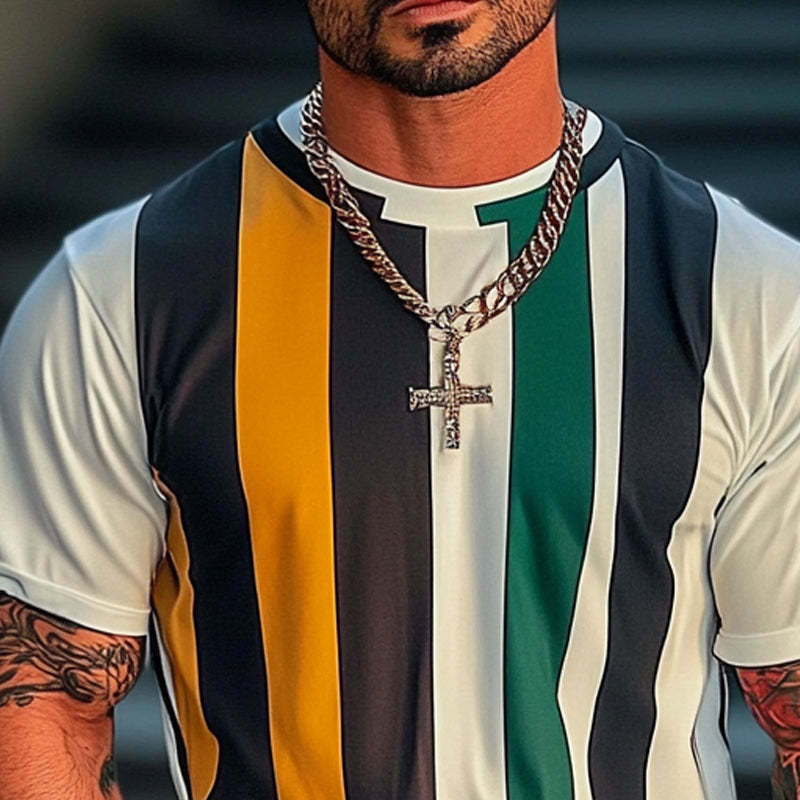Camiseta de manga corta con cuello redondo y estampado de rayas para hombre