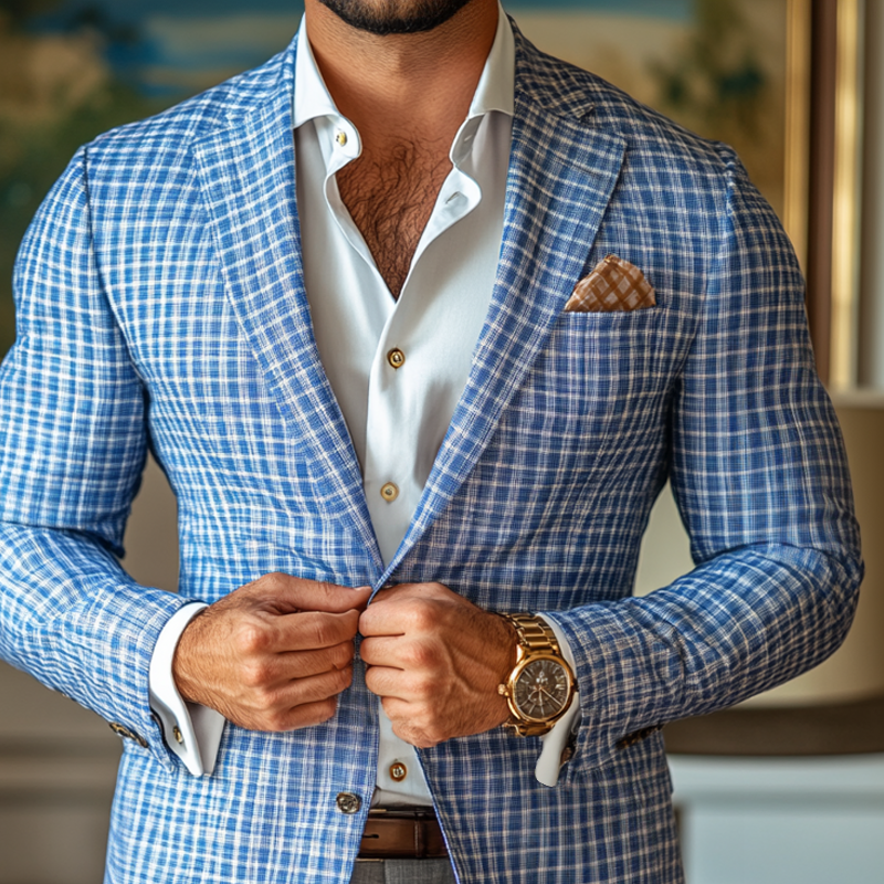 Men's Fashion Spring Summer Checked Notch Lapel Two Buttons Blazer