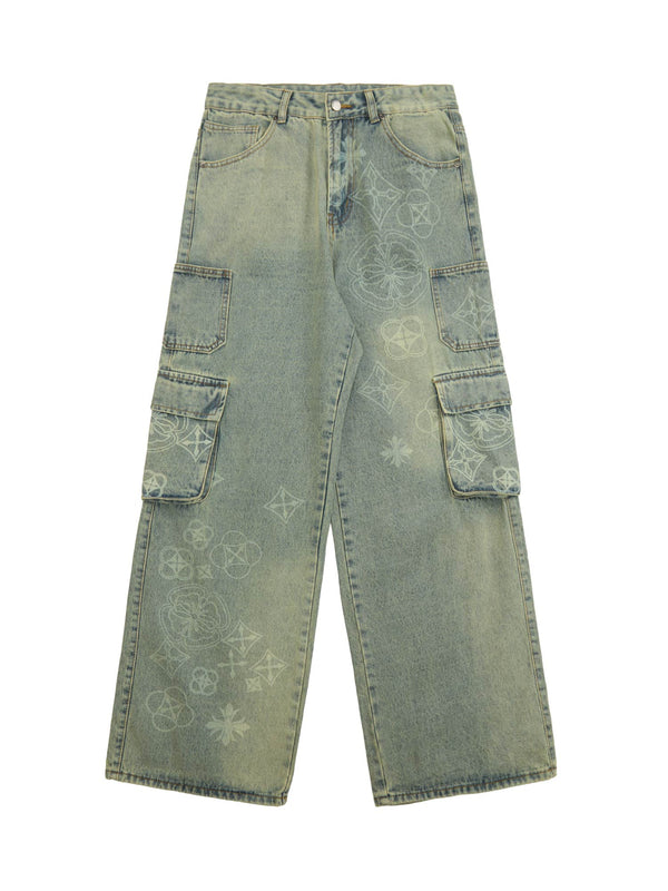 Cross Jacquard Multi Pocket Cargo Jeans