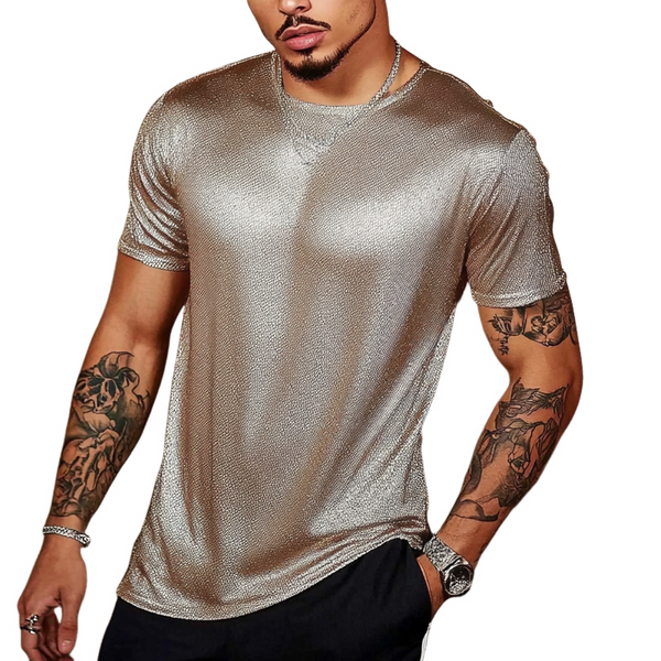 Camiseta de manga corta con cuello redondo y purpurina de color liso para hombre