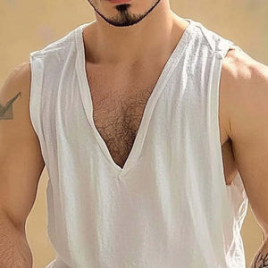 Camiseta sin mangas de algodón con cuello en V de color liso para hombre