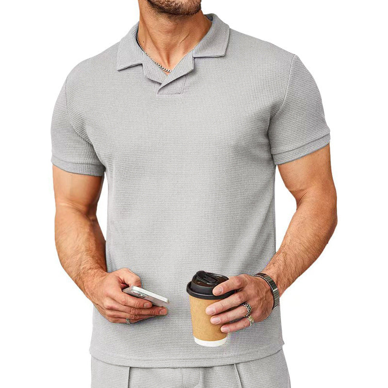 WAFFLE V-NECK POLO SHIRT WITH FLIP COLLAR, COOL AND CASUAL FASHION T-SHIRT