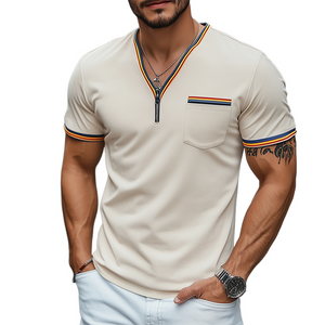 Men's Spring And Summer Fashion Casual V-neck Pocket Suede Short Sleeve T-shirt