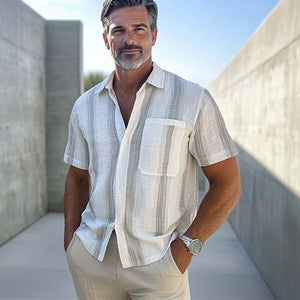 Camisa informal de manga corta de algodón y lino con rayas verticales para hombre