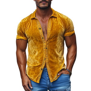 Camisa de manga corta ajustada de terciopelo con empalme de encaje sexy de moda de primavera para hombre