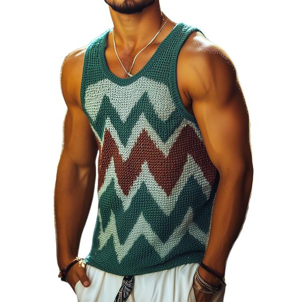 Camiseta sin mangas de cuello redondo con bloques de color de diamante estilo retro informal para hombre