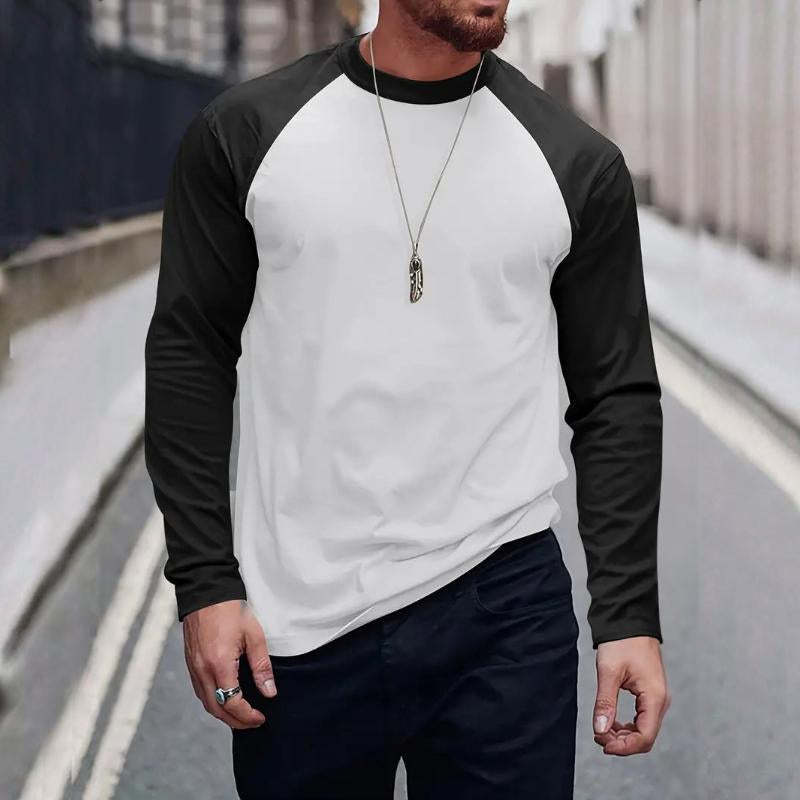 Camiseta retro informal de manga larga con cuello redondo y bloques de color para hombre