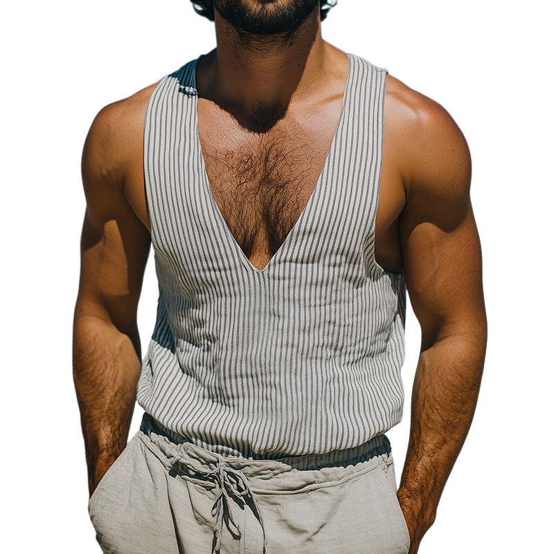 Camiseta sin mangas de lino con cuello en V, estilo retro informal, con estampado de rayas para hombre