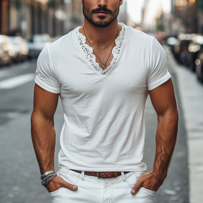Herren Frühling und Sommer Modisches Kurzarm-T-Shirt aus Baumwolle mit V-Ausschnitt und Spitzennähten