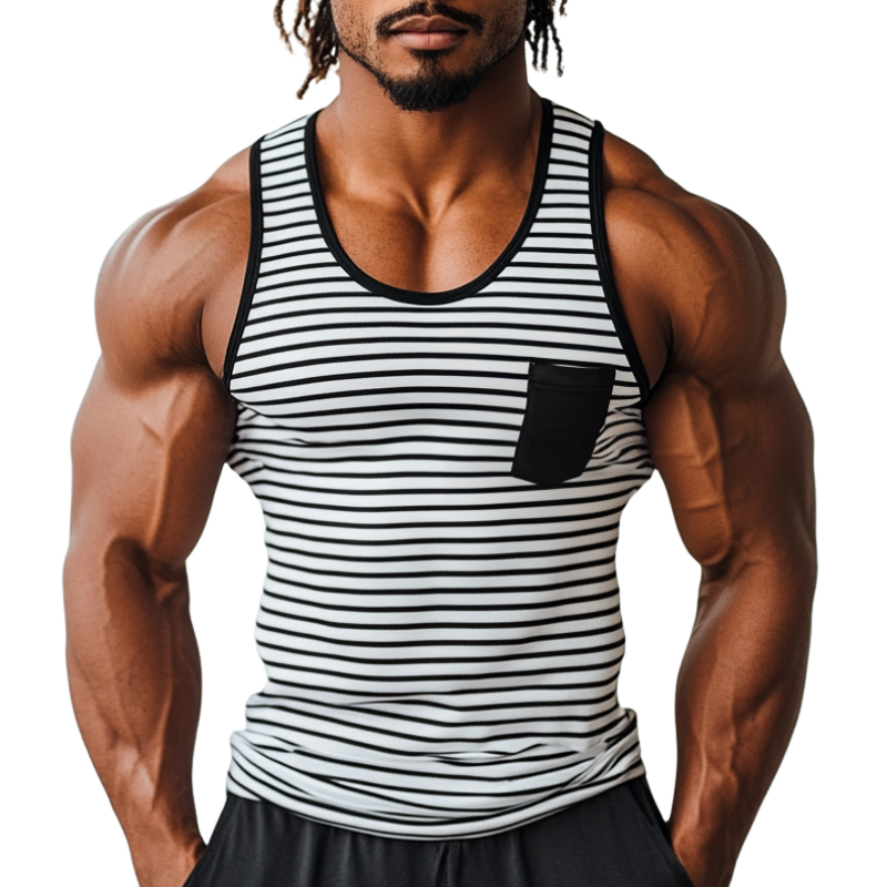 Men's Casual Striped Stitching U-Neck Patch Pocket Slim Fit Tank Top