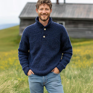 Dunkelblauer Vintage-Strickpullover mit zwei Knöpfen und Stehkragen für Herren