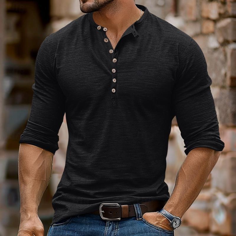 Camiseta informal de manga larga con cuello henley y múltiples botones para hombre