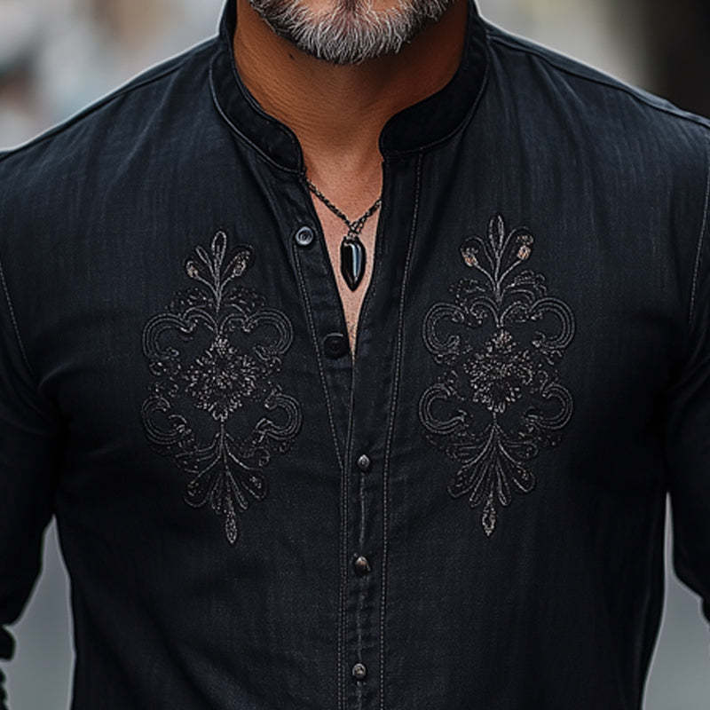 Men's Comfortable Cotton And Linen Embroidered Button Collar T-Shirt