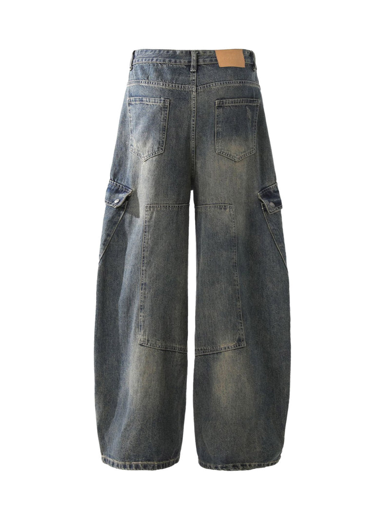 Washed Multi-Pocket Baggy Barrel Cargo Jeans