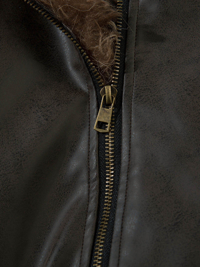 Leather Fur Hooded Fleece Jacket