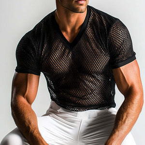 Camiseta de manga corta con cuello en V, estilo retro, informal, de malla de color liso para hombre