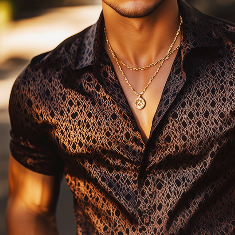 Men's Retro Casual Geometric Print Satin Lapel Short Sleeve Shirt